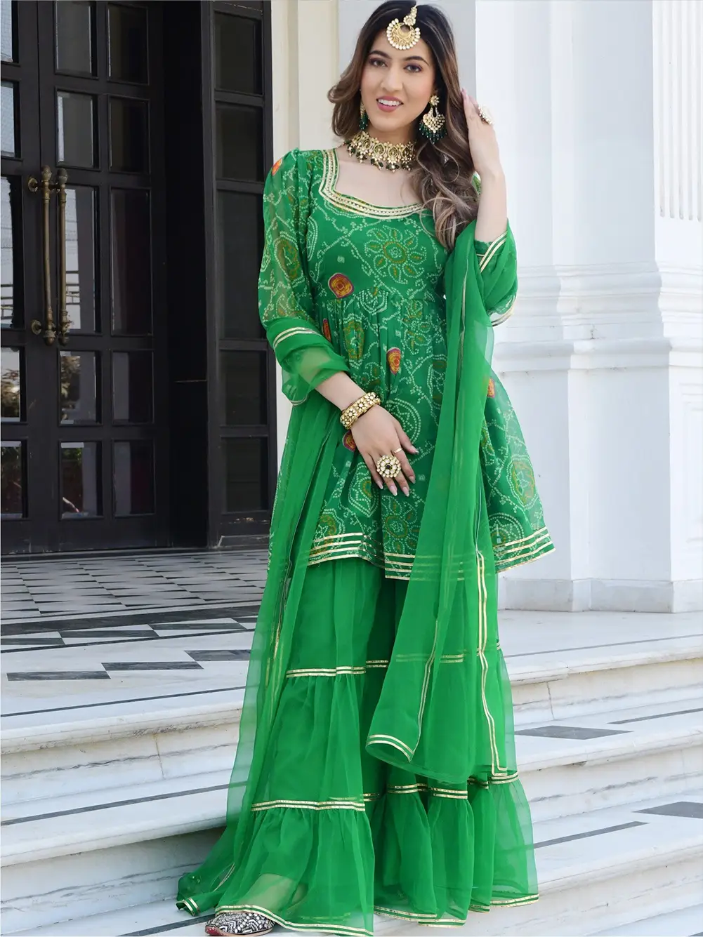 Green Bandhni Print Kurta And Sharara Set