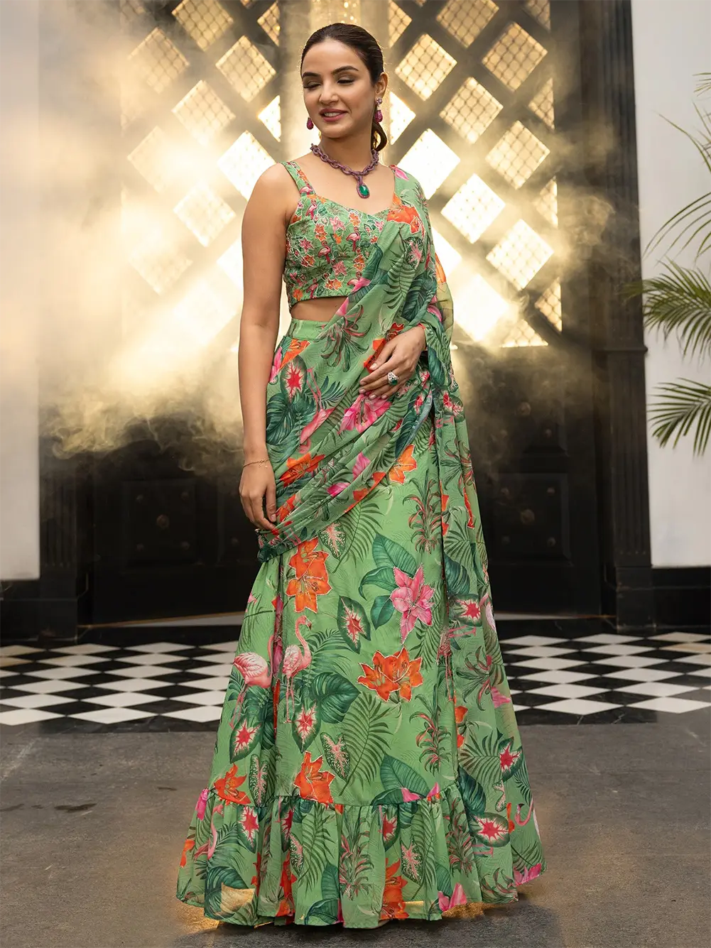 Tropical Radiance Green Pre-drape Saree