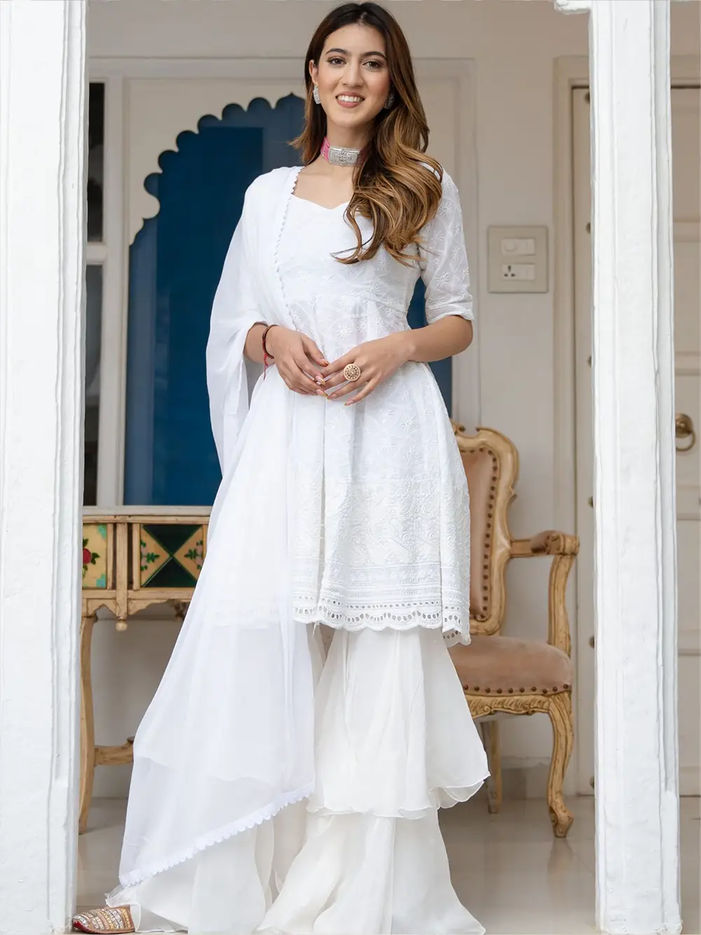 White Cotton Embroidered Short Kurta and Tiered sharara